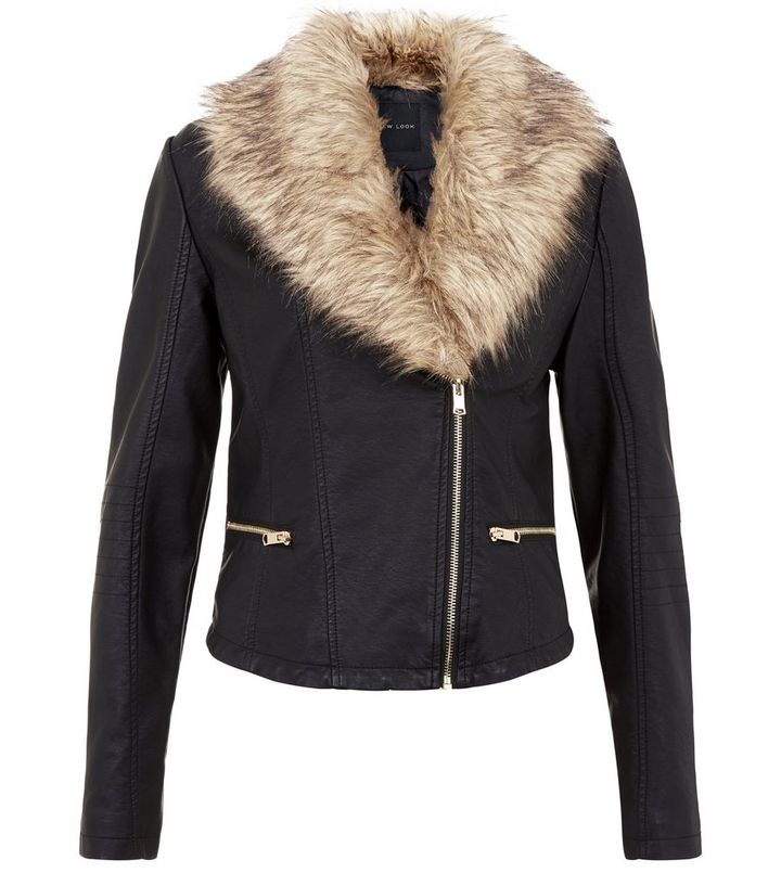 Black Leather Look Faux Fur Collar Biker Jacket New