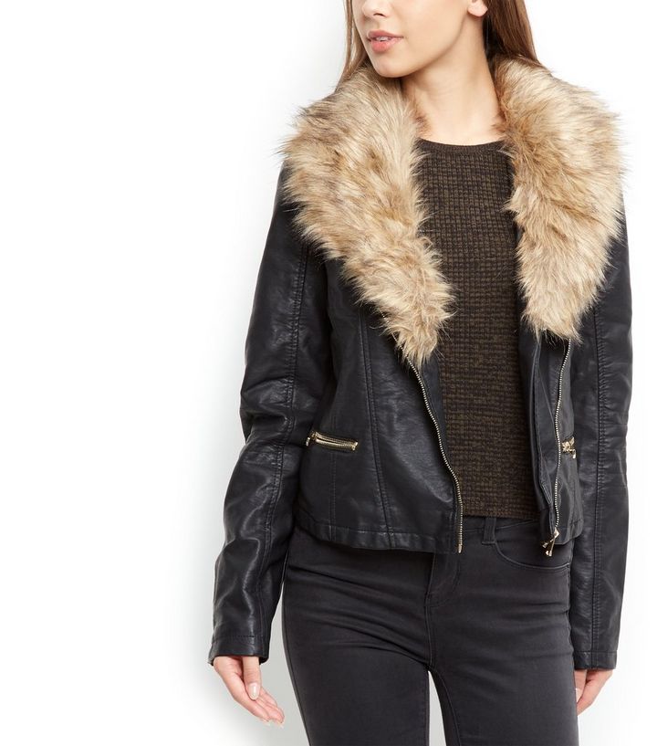Black Leather Look Faux Fur Collar Biker Jacket Add To Saved Items Remove From