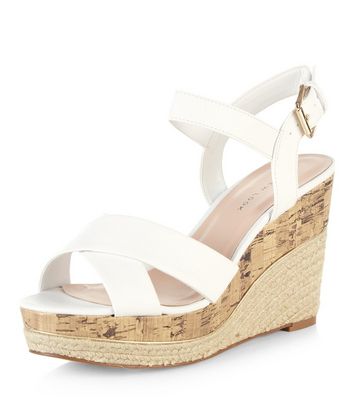 Wide Fit White Cross Strap Wedges | New 