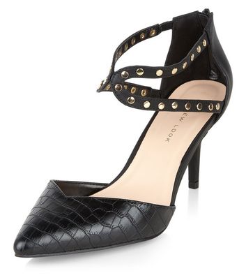 Black Studded Strap Pointed Heels 