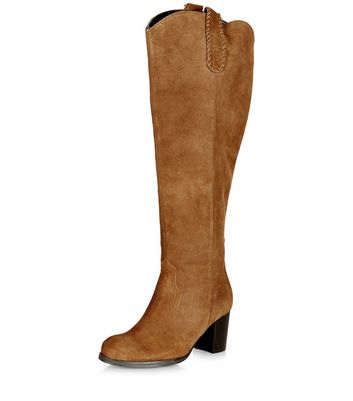 tan block heel knee high boots