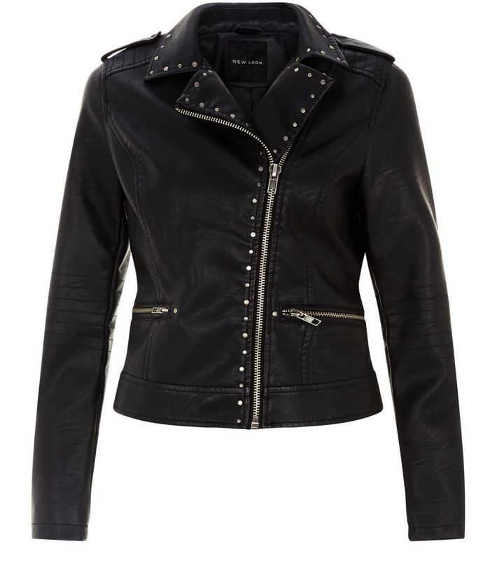 Black Leather Look Stud Trim Biker Jacket Add To Saved Items Remove From