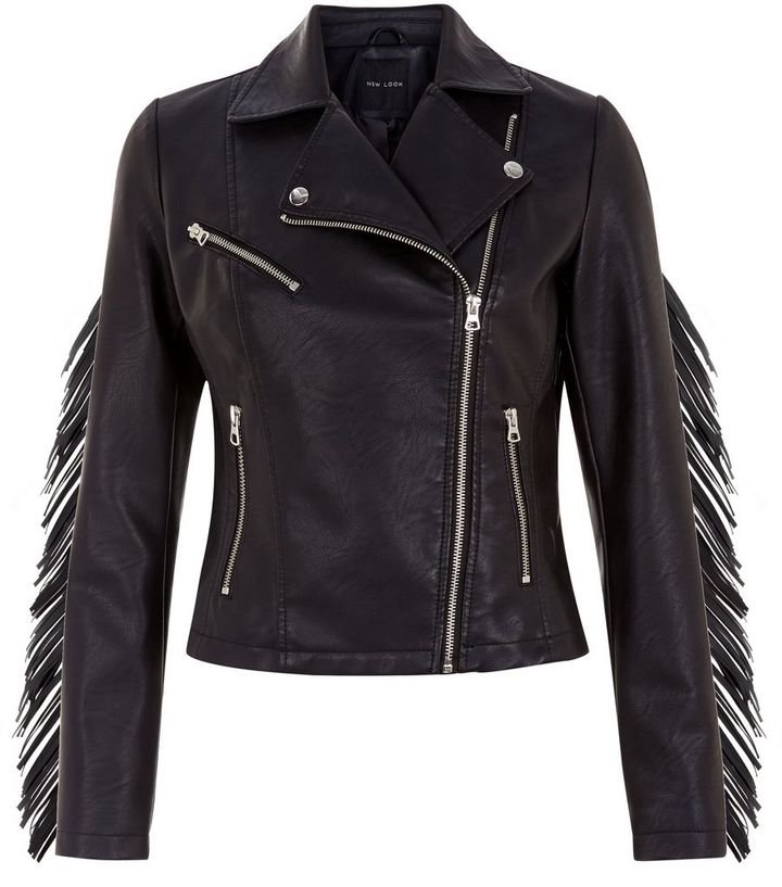 Black Leather Look Tassel Trim Biker Jacket Add To Saved Items Remove From
