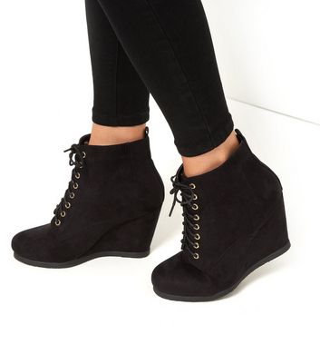 Black Lace Up Wedge Boots | New Look