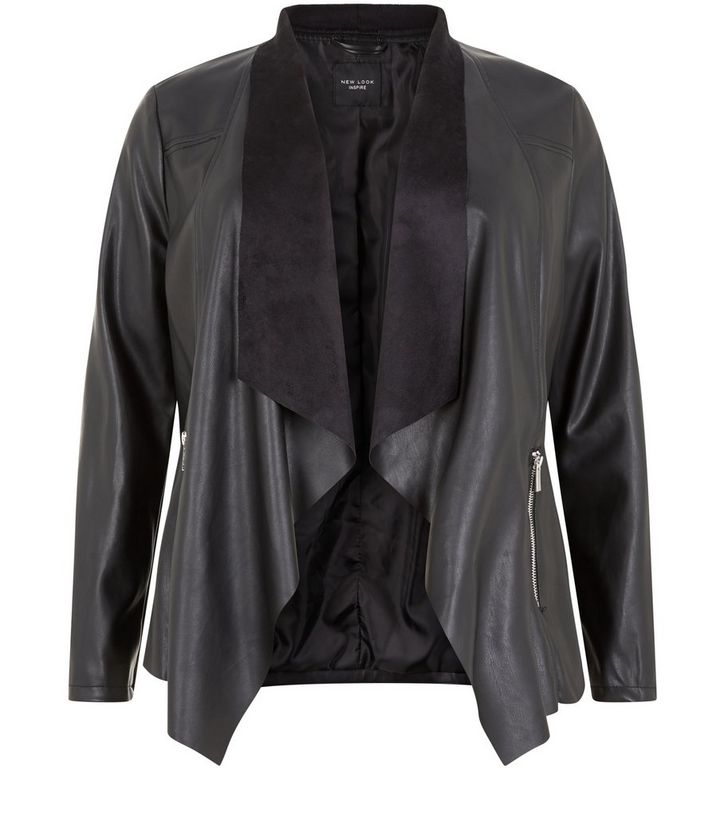 Plus Size Black Leather Look Waterfall Jacket New Plus Size Black Leather Look Waterfall Jacket