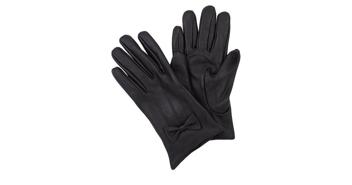Black Leather Bow Gloves New Look