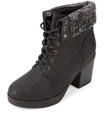 Black Knitted Cuff Lace Up Block Heel 