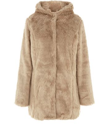 brown hooded faux fur jacket