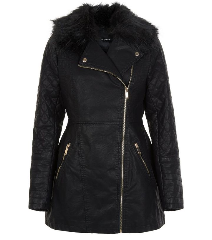 Black Leather Look Faux Fur Collar Jacket Add To Saved Items Remove From