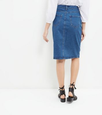 Blue Button Front Denim Midi Skirt 