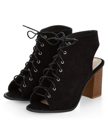 Wide Fit Black Lace Up Peep Toe Block Heel Ankle Boots New Look