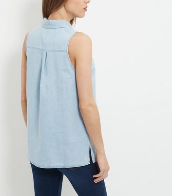 sleeveless denim shirt outfit