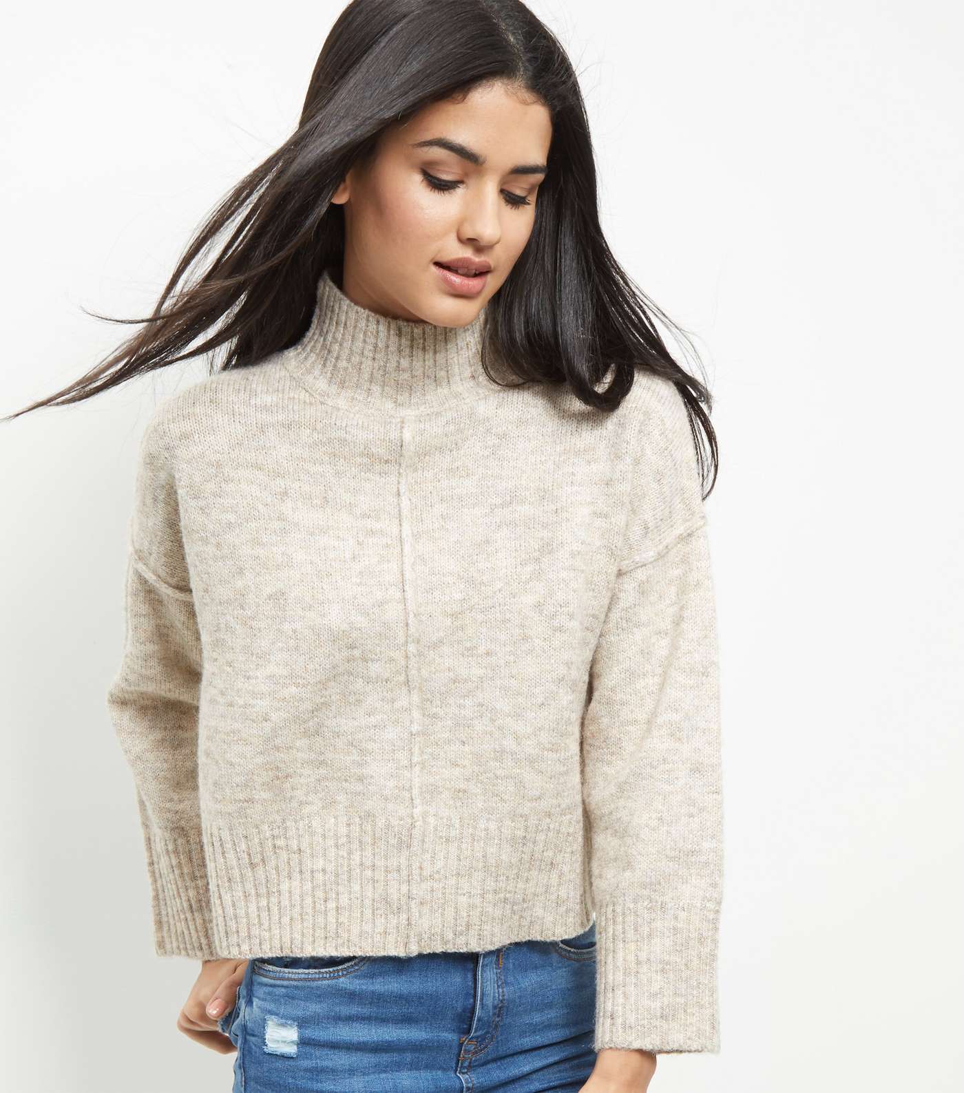 Cream Wide Sleeve Turtle Neck Cropped Jumper