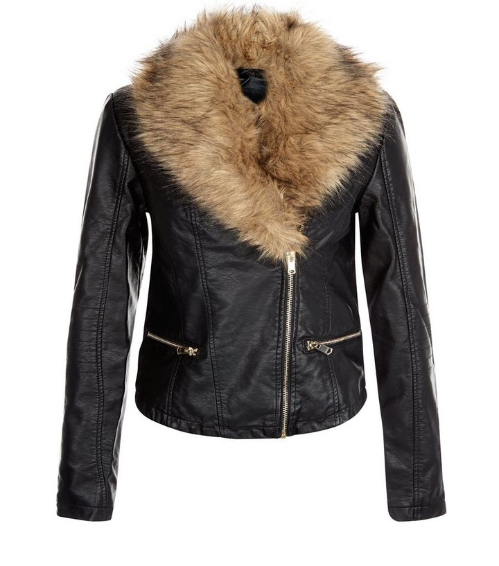 Black Leather Look Faux Fur Collar Jacket New Black Leather Look Faux Fur Collar Jacket