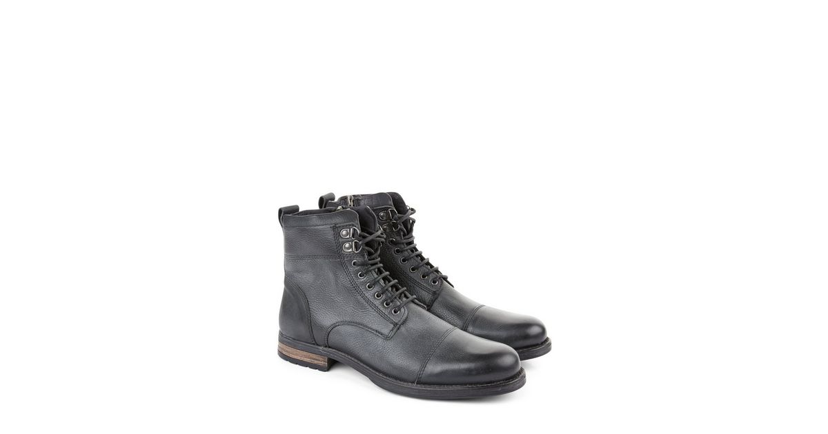 Black Leather Lace Up Military Boots New Look