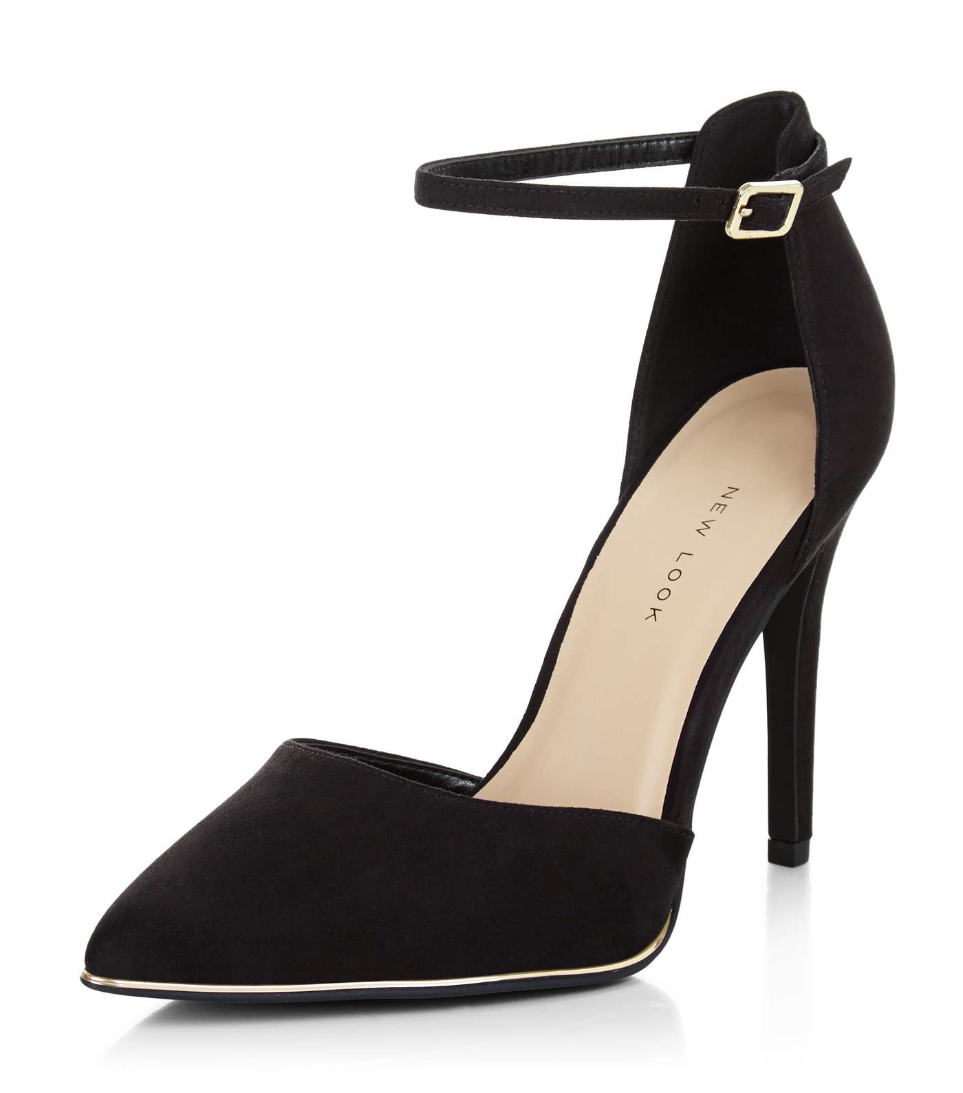Wide Fit Black Suedette Ankle Strap Pointed Heels 