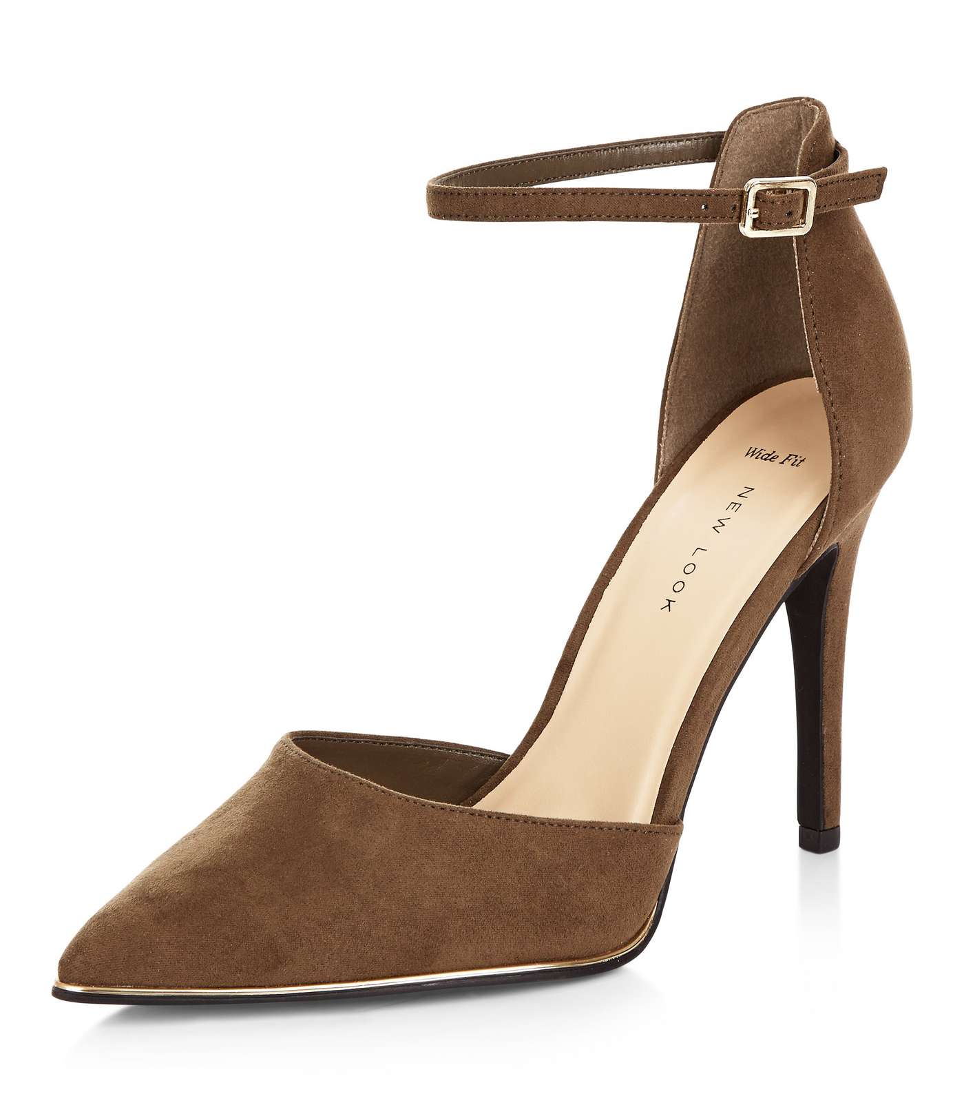 Wide Fit Khaki Suedette Ankle Strap Pointed Heels