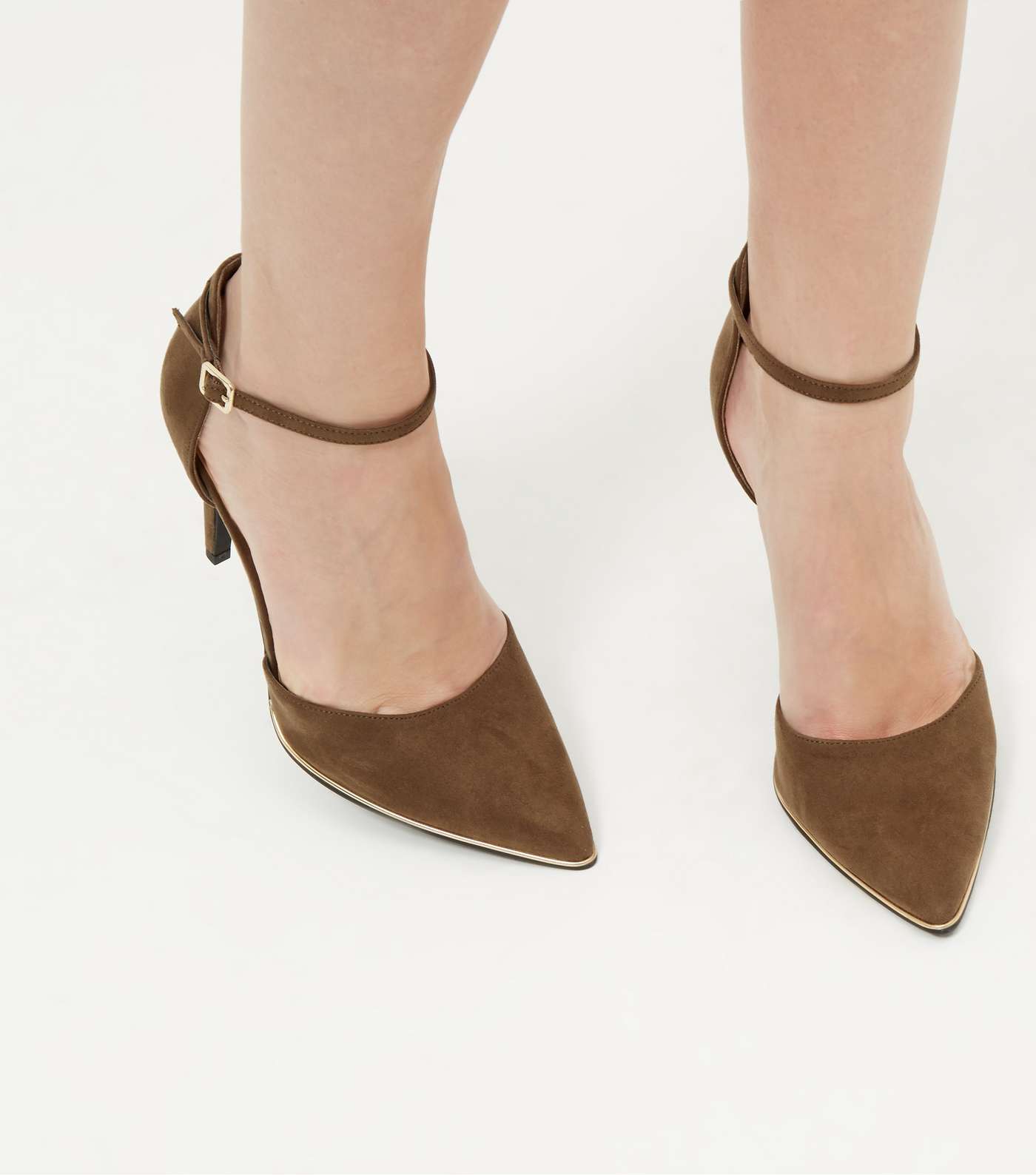 Wide Fit Khaki Suedette Ankle Strap Pointed Heels Image 5