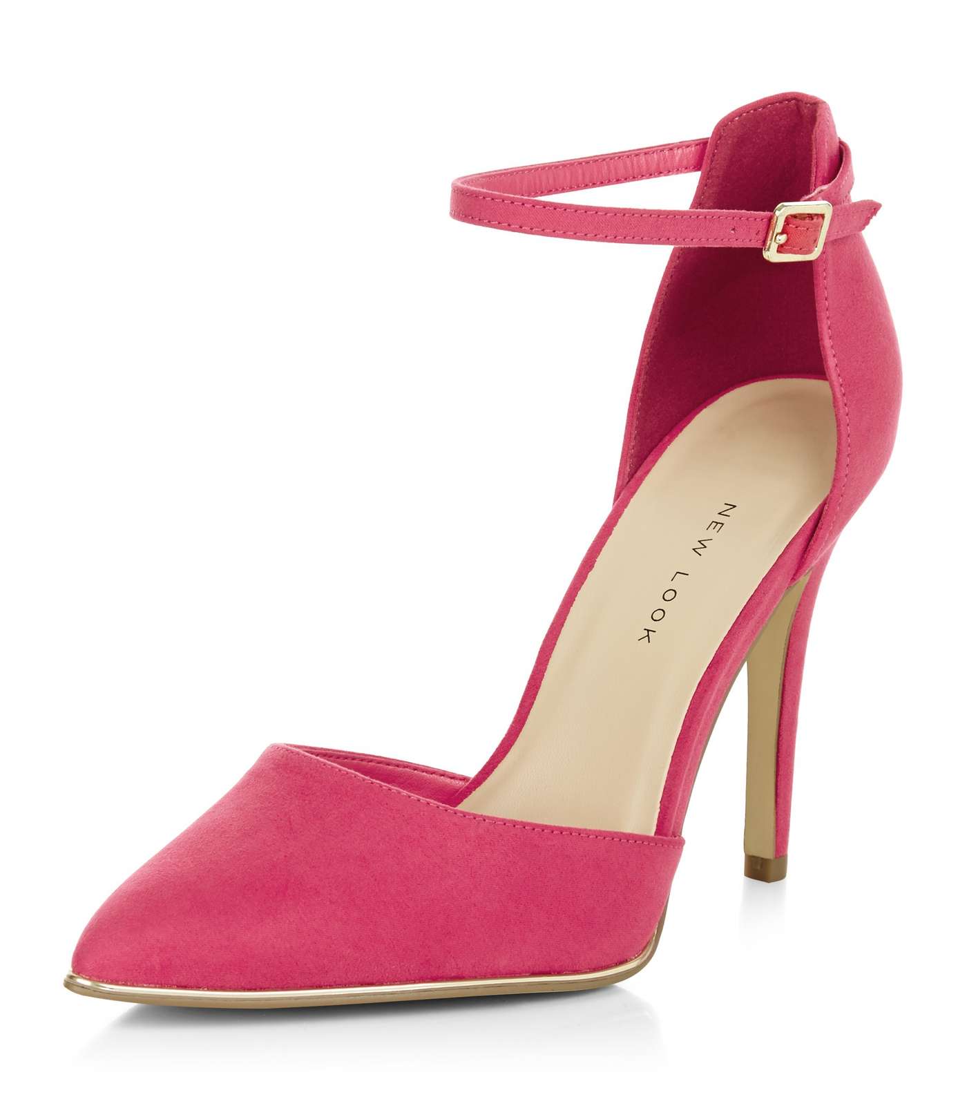Wide Fit Bright Pink Suedette Ankle Strap Pointed Heels