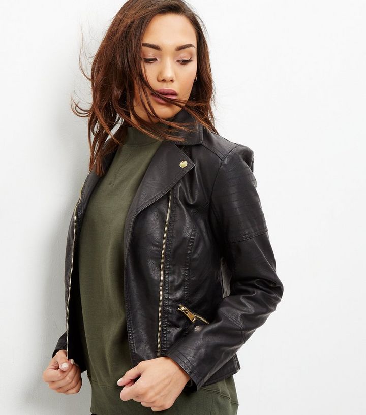 Black Leather Look Biker Jacket New Black Leather Look Biker Jacket