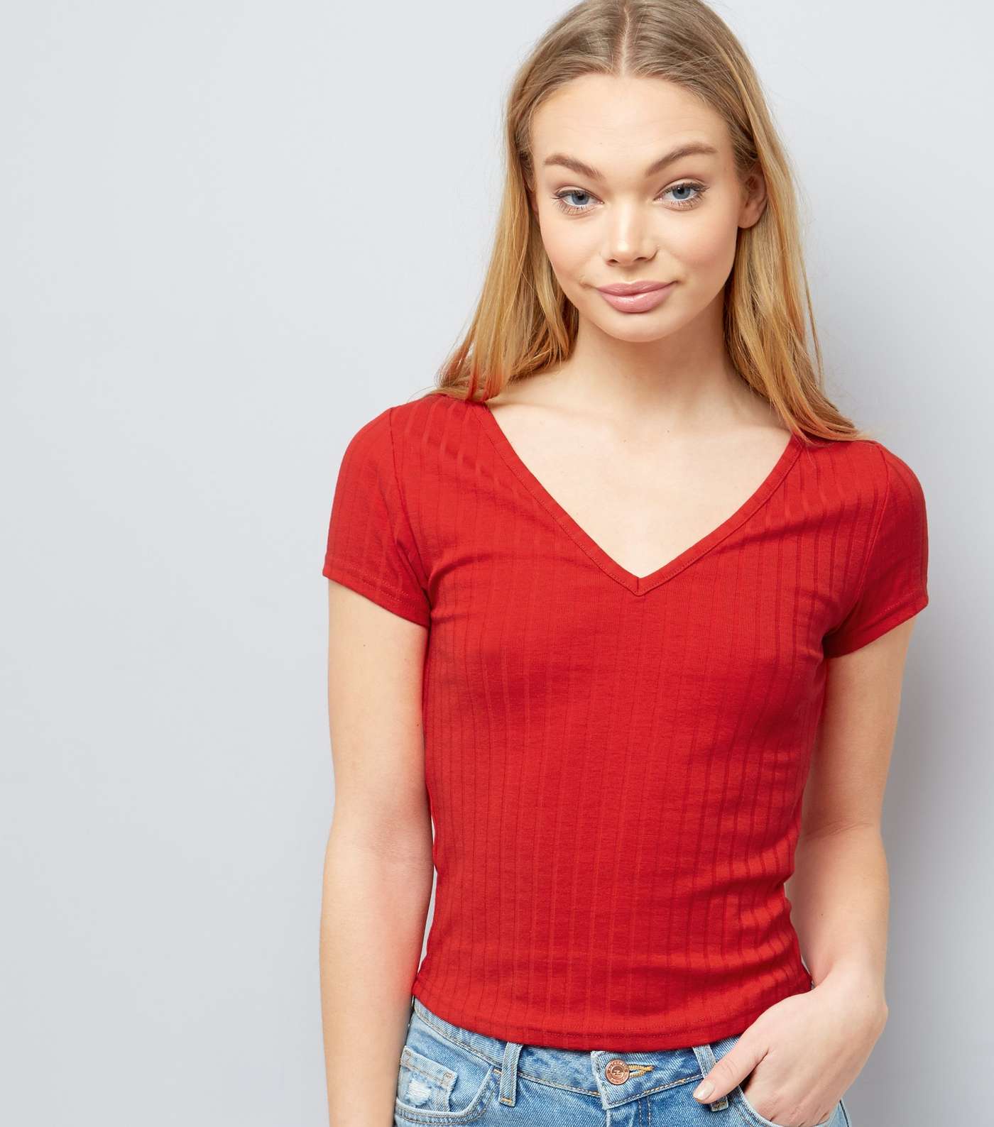 Red V Neck Cap Sleeve T-Shirt 