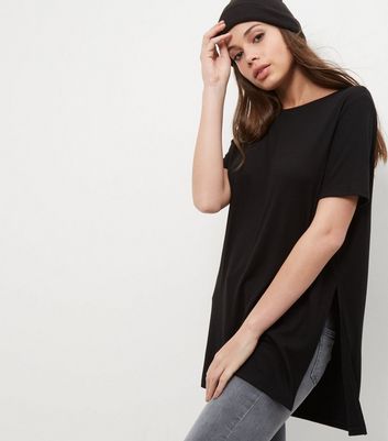 Black Split Side Longline T-Shirt | New 