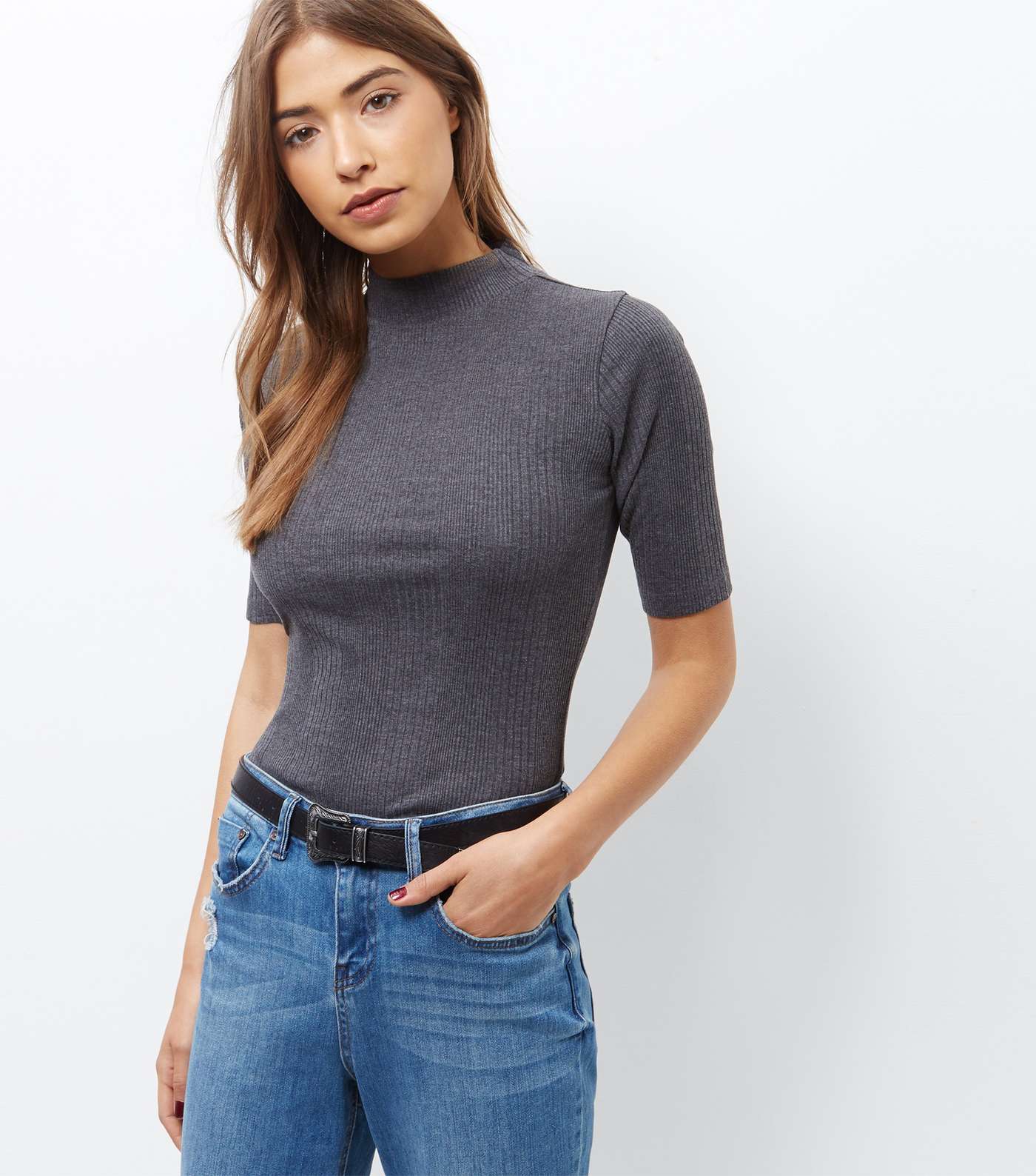 Grey Ribbed Funnel Neck 1/2 Sleeve Top
