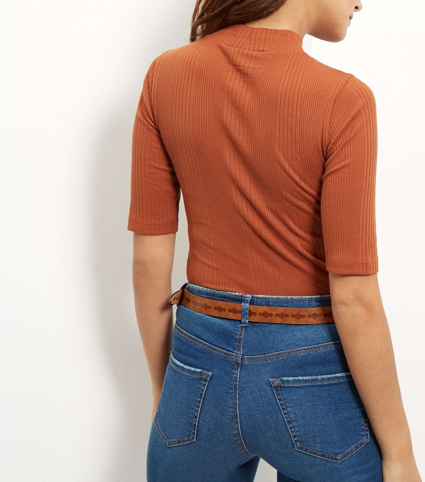 Rust Ribbed Funnel Neck 1/2 Sleeve Top  Image 4