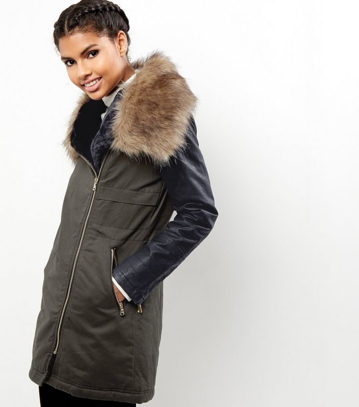 Sleeve Faux Fur Collar Parka, Fake Fur Coats With Leather Sleeves