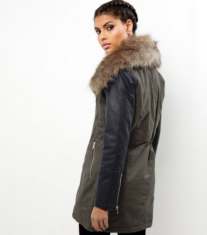 Sleeve Faux Fur Collar Parka, Fake Fur Coats With Leather Sleeves