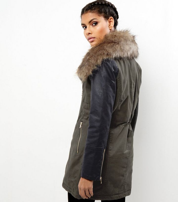 Khaki Leather Look Sleeve Faux Fur Collar Parka New Sleeve Faux Fur Collar Parka, Fake Fur Coats With Leather Sleeves