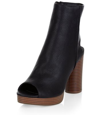 Black Leather-Look Peep Toe Block Heel 