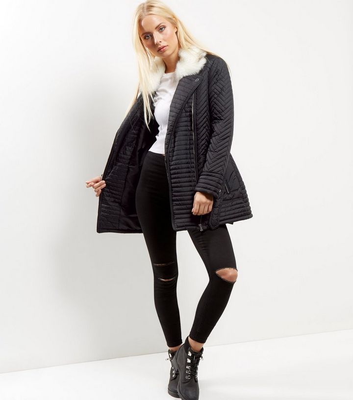 Black Leather Look Faux Fur Trim Quilted Biker Jacket New