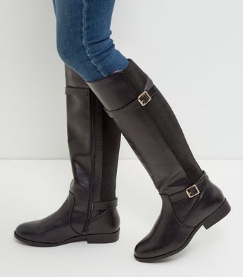 Wide Fit Black Leather-Look Knee High 