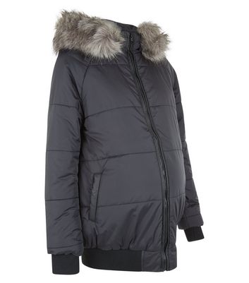 Maternity Black Faux Fur Trim Puffa Jacket New Look