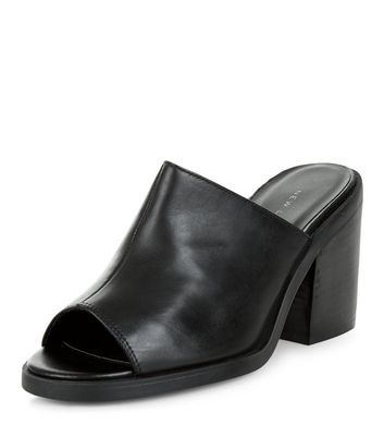 black leather block heel mules