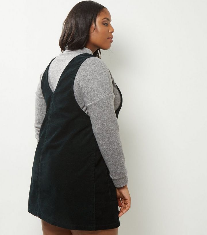 Curves Dark Green Cord Pinafore Dress New Look