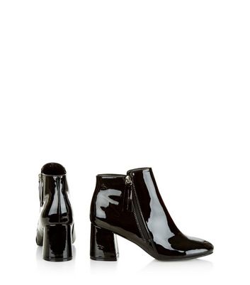 Black Patent Flared Heel Ankle Boots 
