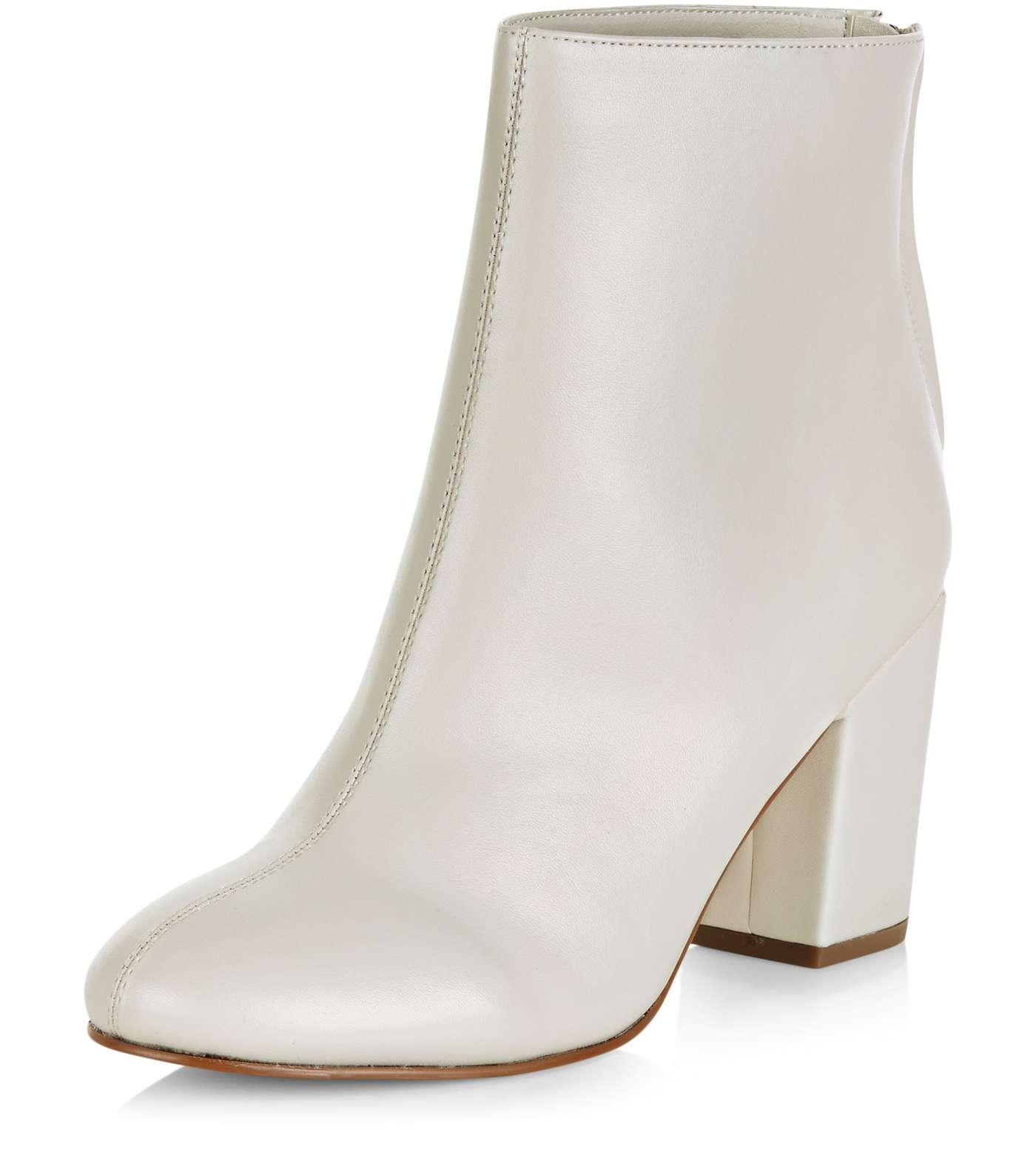 Cream Leather-Look Pointed Block Heel Ankle Boots 