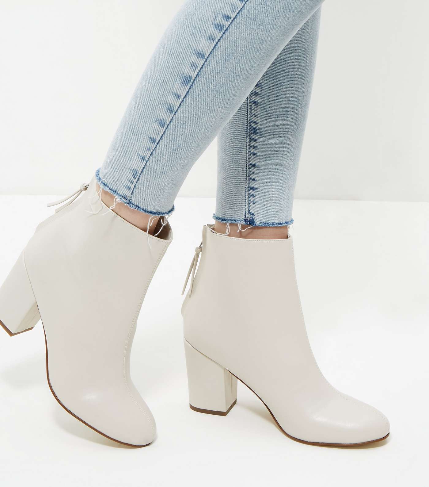 Cream Leather-Look Pointed Block Heel Ankle Boots  Image 5