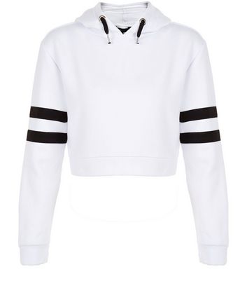 white hoodie with black stripes on sleeves