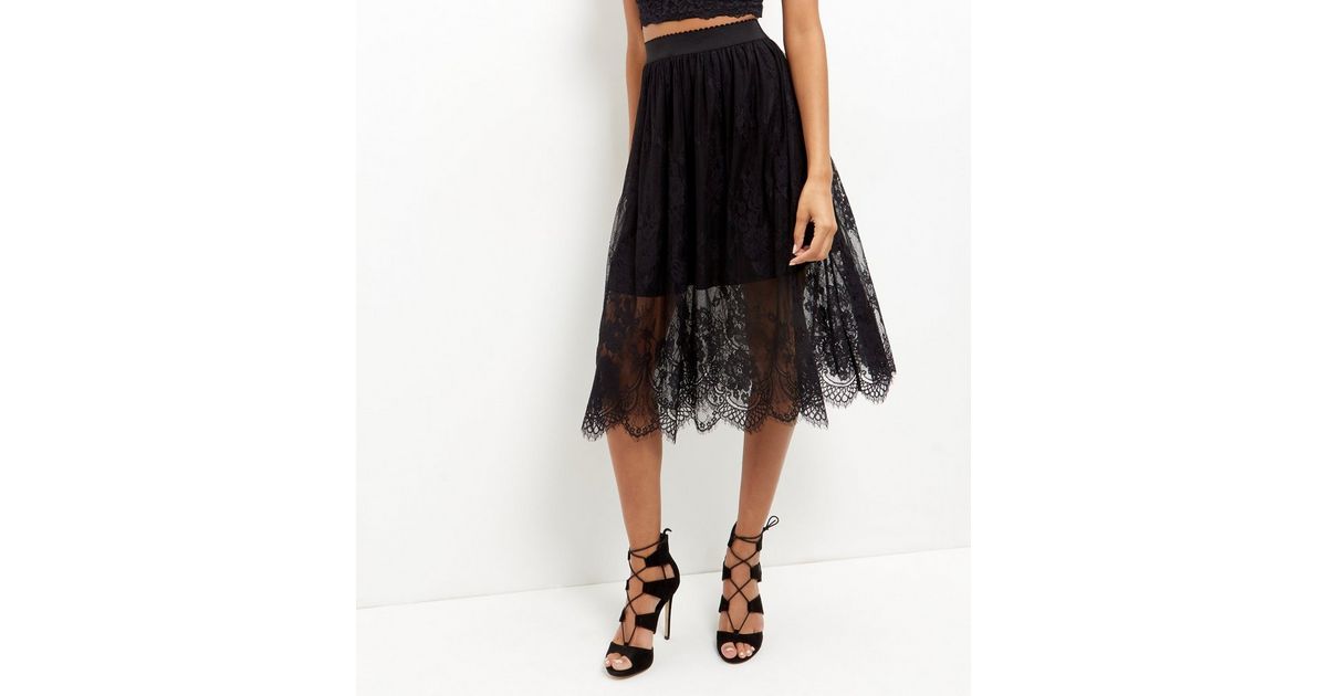 Black Sheer Lace Midi Skirt | New Look