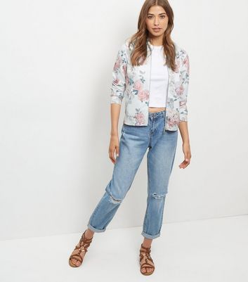 White Scuba Floral Print Bomber Jacket New Look