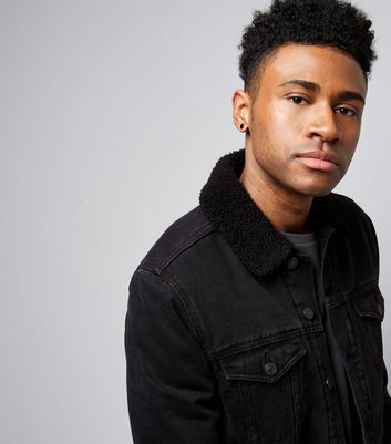 new look borg lined denim jacket in washed black