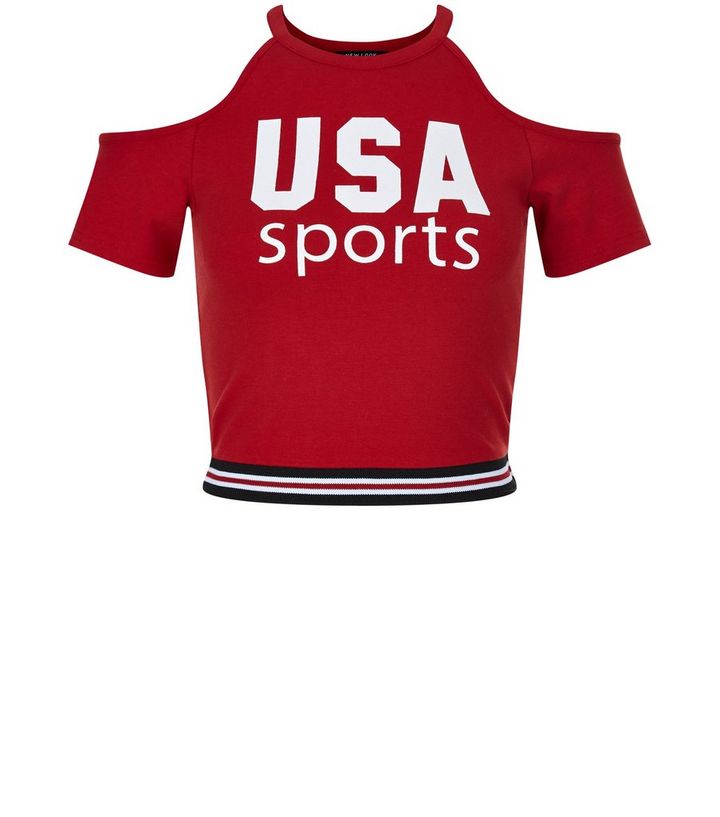 Teenager Rotes Schulterfreies Oberteil Mit Der Aufschrift Usa Sports New Look