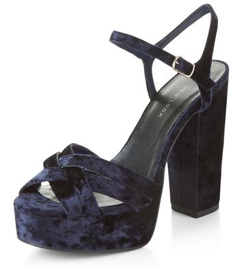 navy velvet block heels