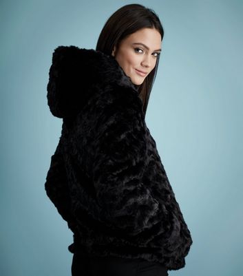 New look black cheap coat with fur hood