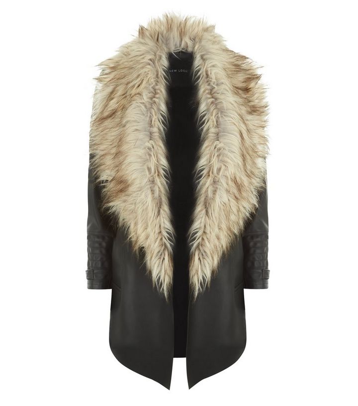 Black Leather Look Faux Fur Trim Waterfall Jacket Add To Saved Items Remove From