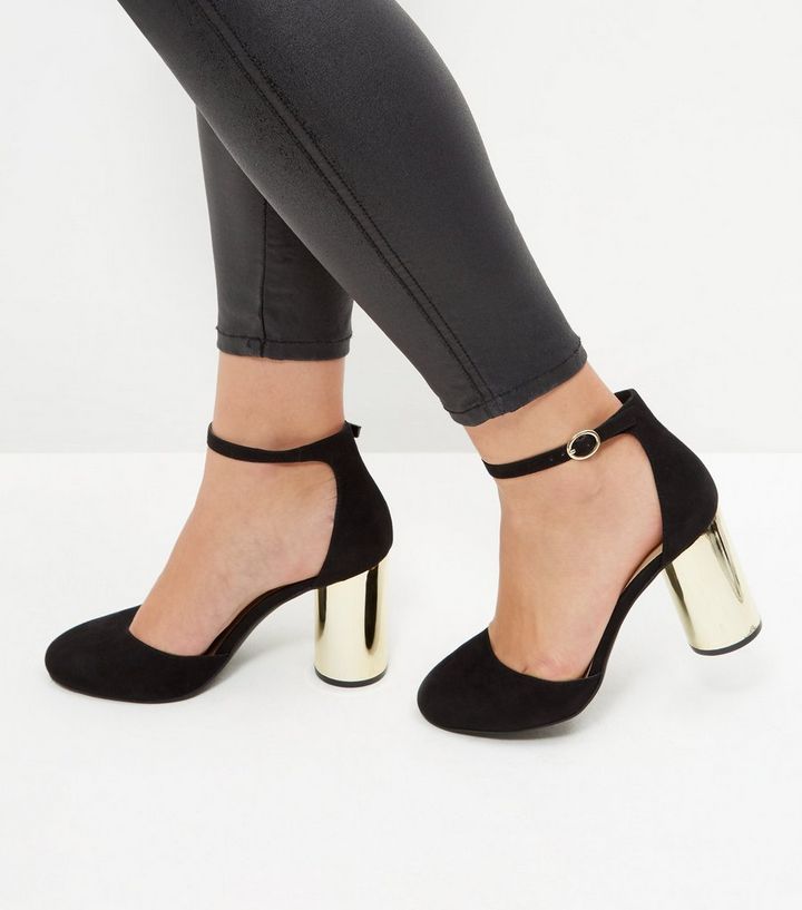 Schwarze High Heels Aus Wildlederimitat Mit Riemchen Und Zylinderformigem Kontrastabsatz Weite Passform New Look