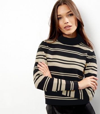 Black Metallic Striped Open Knit Polo Neck Jumper For Sale at